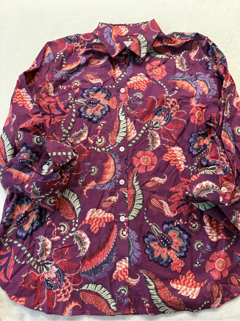 Chico's 2 Sz 12 Floral No-Iron Stretch Button Paisley Shirt Cotton Purple E01